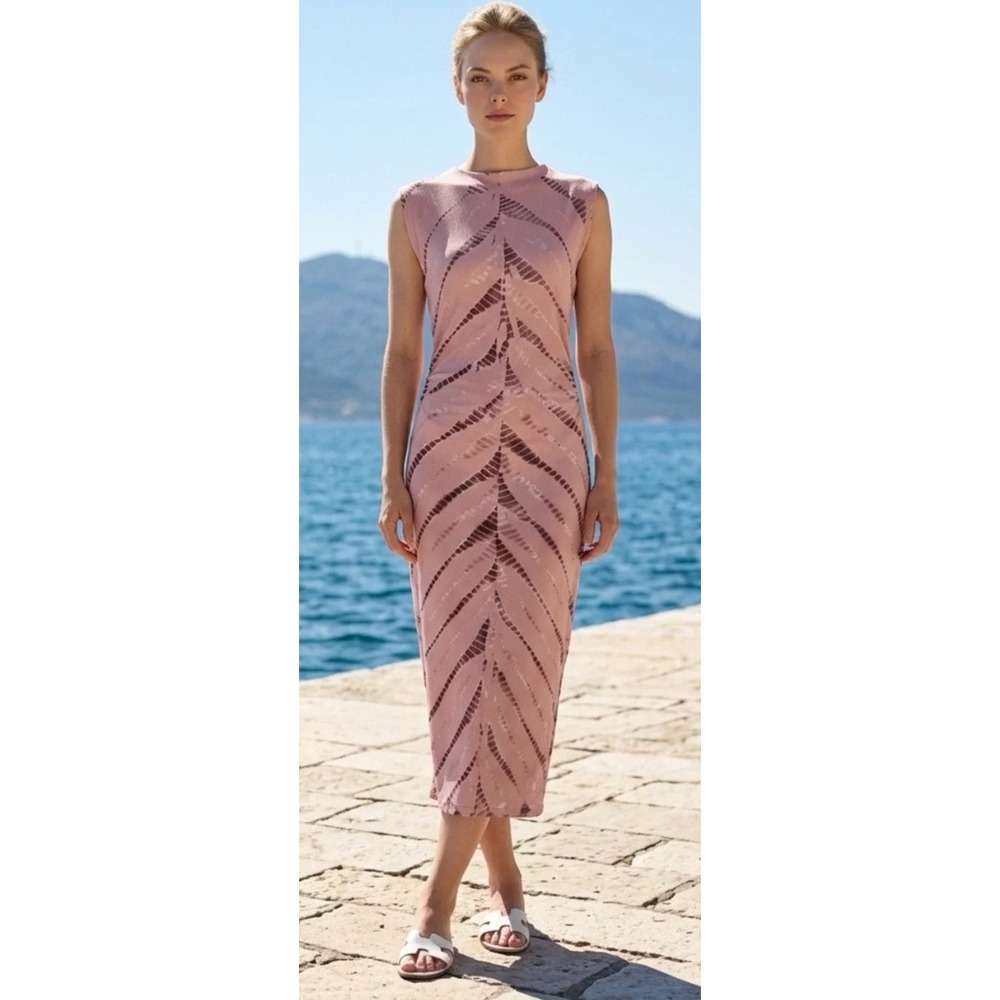 YFB Young Fabulous & Broke Pink Brown Tie Dye Ribbed Knit Ruched Maxi Dress M